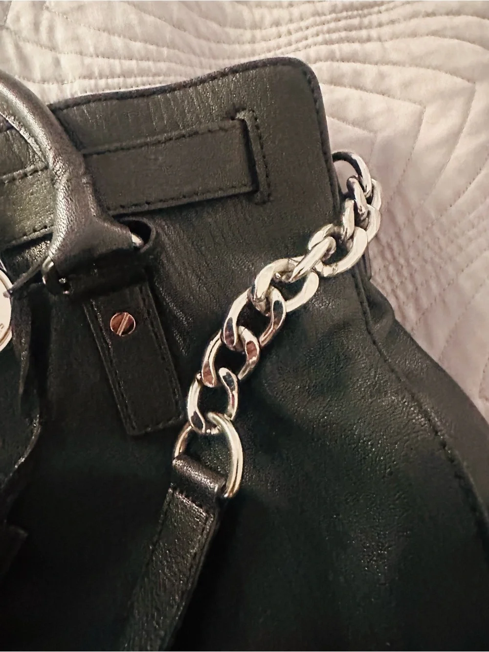 Michael Kors Black Leather Satchel with Silver Chain Detail